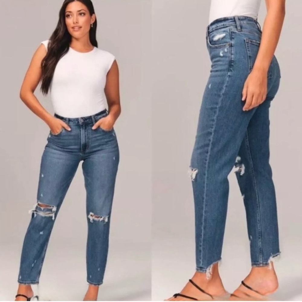 Abercrombie & Fitch The Mom High Rise Blue Jeans with Distressed Details